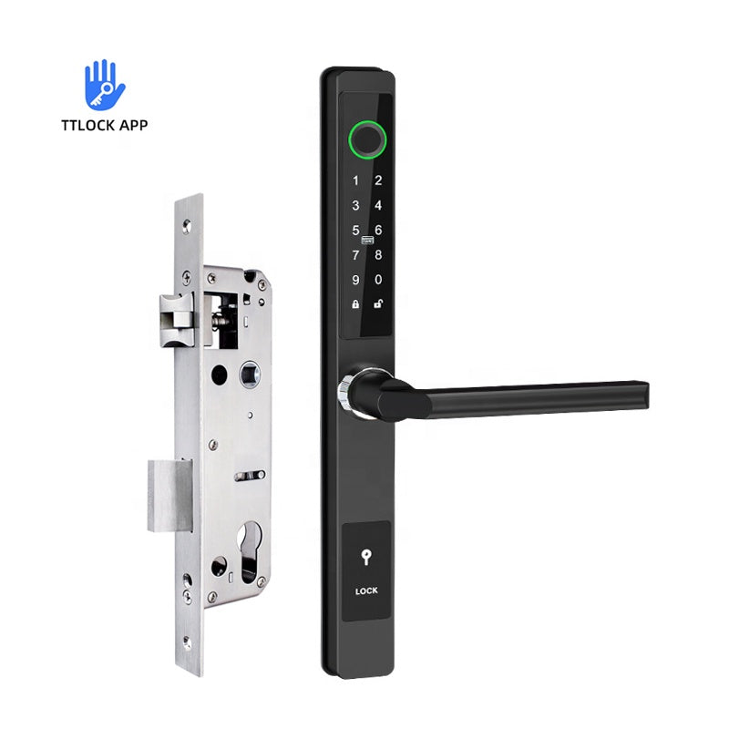 Outdoor Waterproof Smart Glass Aluminum Door Lock Fingerprint Mortise 3585 Ttlock Safety Smart Handles Sliding Doors Lock
